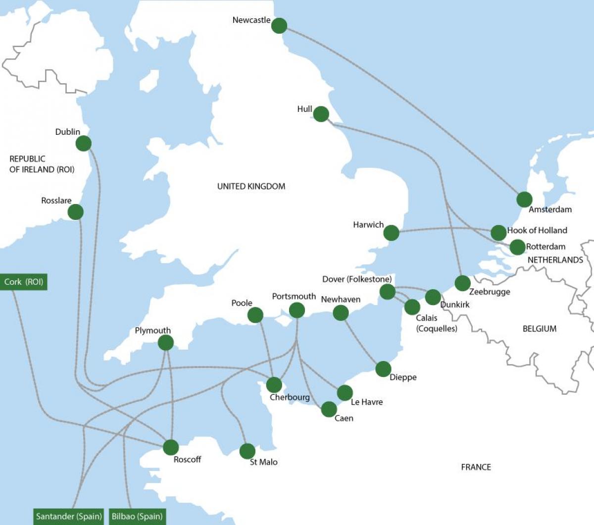 карта паромных маршрутов в Голландию